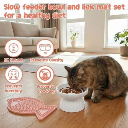 Ceramic Slow Feeder Cat Bowl 5.5inch with Lick Mat,Elevated Food Bowl for Cats and Small Dogs,Cute Flower Shape for Dry and Wet Food-White Bowl+Pink Lick Mat - color: White Bowl+ Pink Lick Mat
