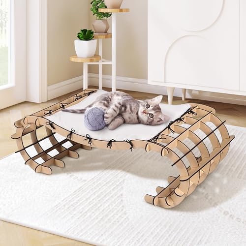 Jerry & Maggie Cat Hammock Bed for Cat Lounger, Wood Cat Beds for Indoor Cats, Cute Kitty House Furniture Toy with Soft Cozy Washable Removable Seat for Sleeping Playing and Lounging - color: C shape Cat bed