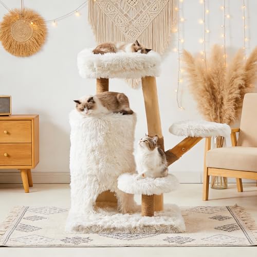 35-Inch Cat Tree for Indoor Cats, Multi-Level Tower with Sisal Posts, Dual Condos, Cushioned Perches & Removable Soft Cover, Natural Wood, Modern Cat Furniture for Large Cats, White - color: White Grey