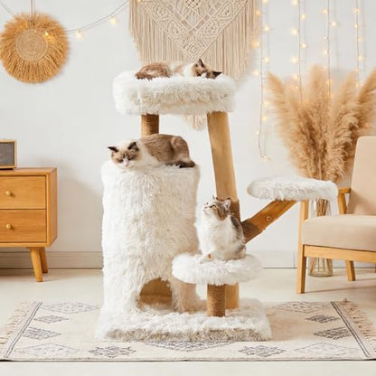35-Inch Cat Tree for Indoor Cats, Multi-Level Tower with Sisal Posts, Dual Condos, Cushioned Perches & Removable Soft Cover, Natural Wood, Modern Cat Furniture for Large Cats, White - color: White Grey