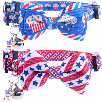 American Flag Cat Collar with Bell Bow Tie Star Breakaway Adjustable for 4th of July Independence Day - color: 2PCS-3