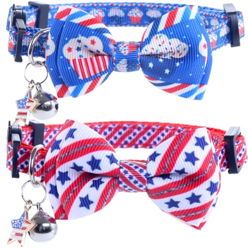 American Flag Cat Collar with Bell Bow Tie Star Breakaway Adjustable for 4th of July Independence Day - color: 2PCS-3