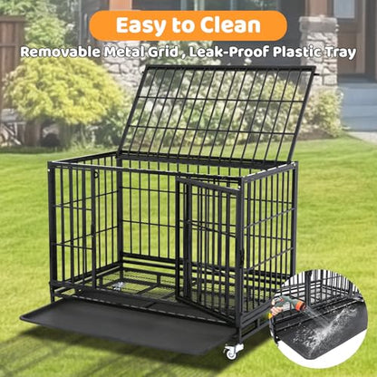 Homey Pet 37 Inch Heavy Duty Dog Crate Indestructible, Collapsible Dog Cage with Lockable Wheels, Removable Tray, High Anxiety Dog Kennel Indoor, Three Tiers Stackable Dog Crates for Medium Dogs - size: 37"L - 3 Tiers