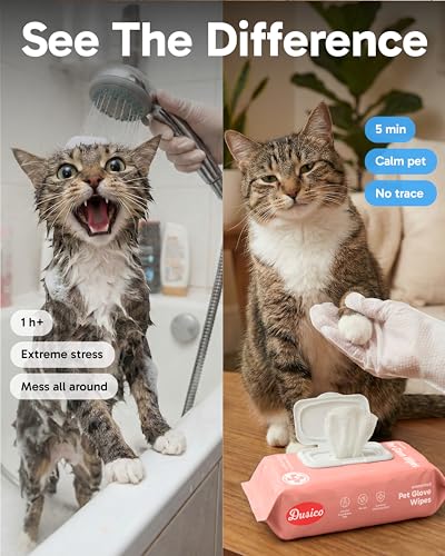 Dusico® Pet Glove Wipes with Microfiber Towel (20 Pack) Unscented – Chlorhexidine Dog Wipes – Oil-Free & Aloe-Free Hypoallergenic Cat Grooming Gloves. Deodorizing Formula with Cucumber & Chamomile