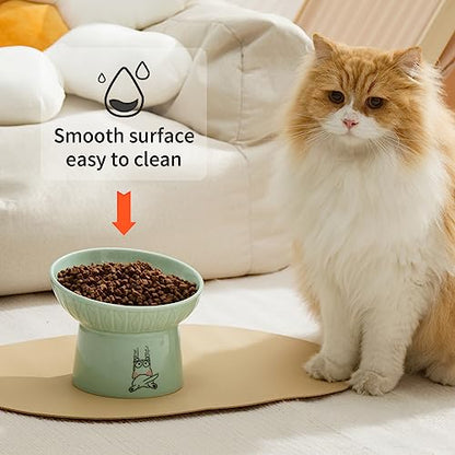 6.5 Inch Extra Wide Elevated Cat Bowls, Ceramic Raised Tilted Cat Bowl for Food and Water, Porcelain Pet Feeder Dishes for Cats & Dogs, Whisker Fatigue, White & Green - color: White & Green