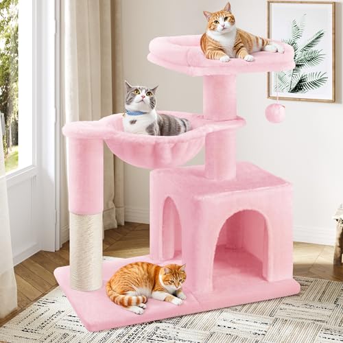 Allewie 29.5in Indoor Cat Tree, Multi-Level Cat Tower with Sisal Scratching Posts, Padded Perch, Basket, Condo, and Hanging Ball, Suitable for Kittens and Adult Felines, Pink - color: Pink