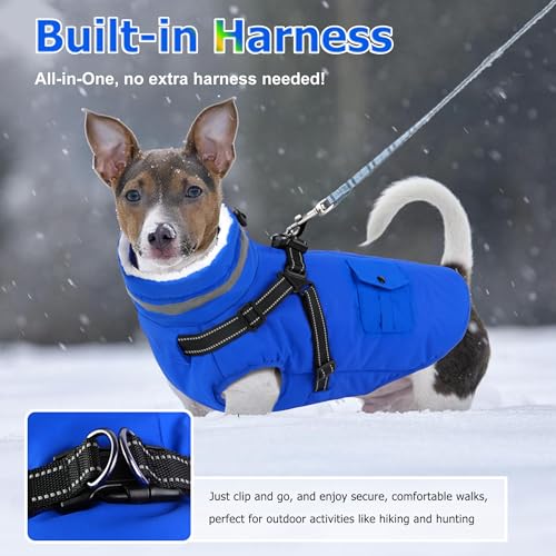 Dog Coat with Harness, Waterproof Warm Dog Winter Jacket with Pockets, Reflective Pet Fleece Jacket Turtleneck Snowsuit for Small Medium Large Dogs - Blue, XS - color: Blue, size: X-Small(Chest:13.3" Back:9.8" Neck:10.2")