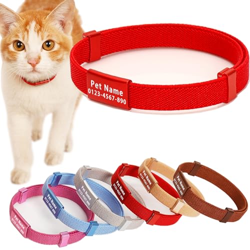 Minimalist Stretch Lightweight Custom Engraved Cat Collar with Name Tag Personalized Cat Collars for Kitten Boy & Girl Cats (Red, Collar with Nameplate) - color: Red, size: Collar With Nameplate