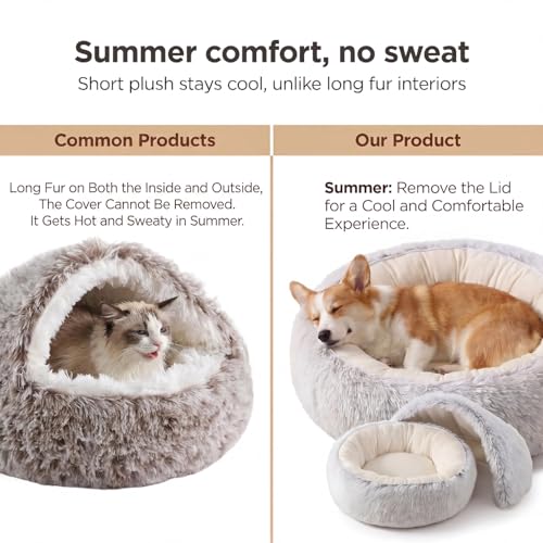 Hooded Dog Bed, Cat Cave Bed with Removable Hood, 2-in-1 Convertible Donut Cat Bed, All Season Fluffy Pet Bed for Cats Small Dogs (Cave Bed - Pink, Large Size 23.6 in) - color: Cave bed - pink, size: 23.6 in Large size