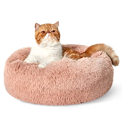 Bedsure Calming Cat Beds for Indoor Cats - Small Cat Bed Washable 20 inches, Anti-Slip Round Fluffy Plush Faux Fur Pet Bed, Fits up to 15 lbs Pets, Pink - color: Pink, size: 20"L x 20"W x 6"Th