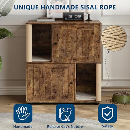 Double Cat Litter Box Enclosure Cabinet for 2 Cats – 2-Tier Modern Farmhouse Pet Washroom, Mark Post, Odor Control, Dog-Proof, Litter Mats, Wooden End Table – Slotted Brown