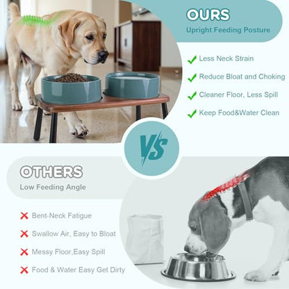 SPUNKYJUNKY Ceramic Elevated Dog Bowls Raised with Acacia Bamboo Wooden Stand, 8.3'' Dog Food Water Bowls Set Non-Slip for Medium Large Sized Breed Microwave Dishwasher Safe - 60 OZ,Dark Green - color: Dark Green, size: 8.3 in - Dual