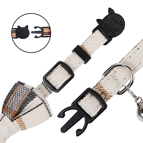 Faleela Breakaway Cat Collar with Bells - 2 Pack Cat Collar with Bells, Cat Collars with Bandana, Accessories for Pet Collars, Adjustable for Cats and Small Dogs - color: Beige bow+bandana