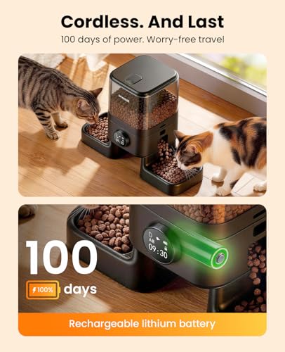 oneisall Cordless WiFi Automatic Cat Feeder for 2 Cats, Rechargeable 100-Day Battery Operated Auto Cat Feeder, 20 Cups/5L Timed Cats Food Dispenser Automatic for Large Kibble, Smart App Control