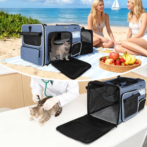 Petskd Side Expandable Extra Large Cat Car Carrier with Collapsible Litter Box for Long Distance Travel,24"x17"x17" Portable Soft Sided Pet Carrier with Roller Shades for 2 Cats Up to 55LBS(Blue) - color: blue