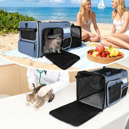 Petskd Side Expandable Extra Large Cat Car Carrier with Collapsible Litter Box for Long Distance Travel,24"x17"x17" Portable Soft Sided Pet Carrier with Roller Shades for 2 Cats Up to 55LBS(Blue) - color: blue