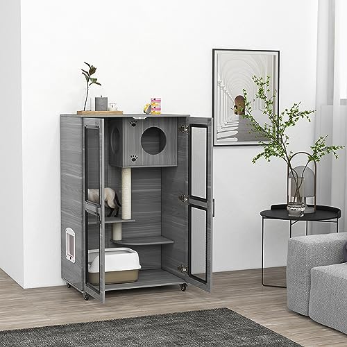 PawHut Luxury Cat House with Wheels, Kitty Cage Catio Villa for Indoor Cats with Scratching Posts, Condo, Flap Door, Cushion, Gray, 31.5" x 20" x 48.5"