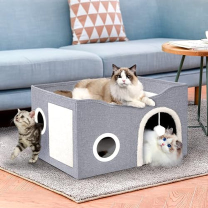 Heeyoo Cat House for Indoor Cats - Large Cat Bed Cave with Fluffy Ball and Scratch Pad, Foldable Cats Houses & Condos, Cat Hideaway, Covered Kitty Bed for Multi Small Large Kitty, 23.8x15.9x13.2 Inch - style: Without heat pad