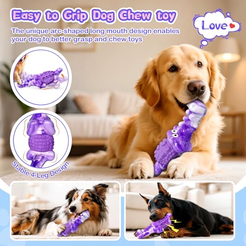 Squeaky Dog Chew Toys for Aggressive Chewers - Tough Crocodile Chew Toy for Small Medium Large Dogs, Dental Cleaning & Anxiety Relief, Boredom Buster (Purple) - color: Purple