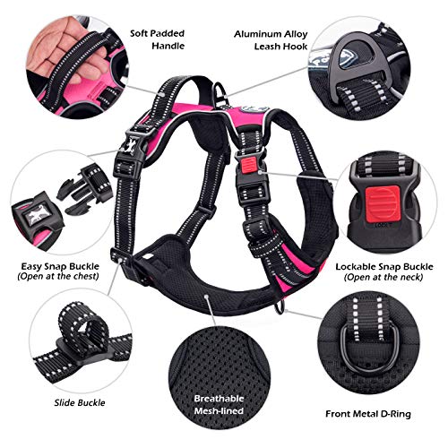 PoyPet No Pull Dog Harness, No Choke Front Lead Dog Reflective Harness, Adjustable Soft Padded Pet Vest with Easy Control Handle for Small to Large Dogs(Pink,L) - color: Pink, size: Large
