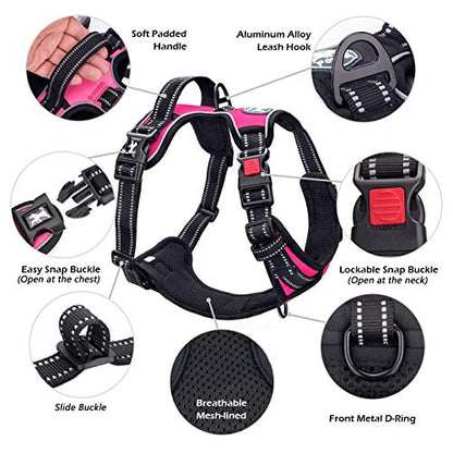 PoyPet No Pull Dog Harness, No Choke Front Lead Dog Reflective Harness, Adjustable Soft Padded Pet Vest with Easy Control Handle for Small to Large Dogs(Pink,L) - color: Pink, size: Large
