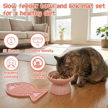 Ceramic Slow Feeder Cat Bowl 5.5inch with Lick Mat,Elevated Food Bowl for Cats and Small Dogs,Cute Flower Shape for Dry and Wet Food-Pink Bowl +Pink Lick Mat - color: Pink Bowl+ Pink Lick Mat