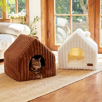 FUKUMARU Cat Houses for Indoor Cats, Washable Cute Cat Bed Cave with Removable Pillow, Large Semi-Enclosed Cozy Dog House Indoor, Soft Faux Rabbit Fur Kitten Bed, 17.5-Inch Cat Hideaway, Cream - color: Cream