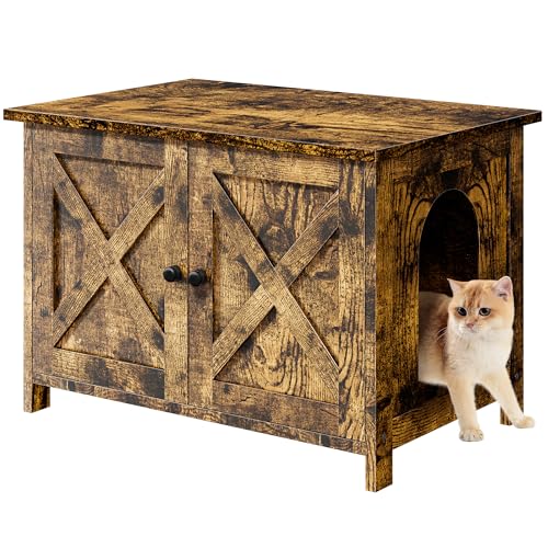 Shintenchi Cat Litter Box Enclosure, Litter Box Furniture Hidden with Removable Divider, Cat House with End Table, Brown, 31.5 inch - color: Brown