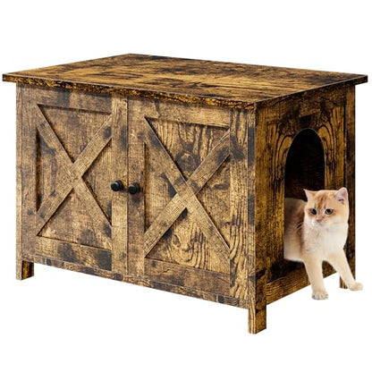 Shintenchi Cat Litter Box Enclosure, Litter Box Furniture Hidden with Removable Divider, Cat House with End Table, Brown, 31.5 inch - color: Brown