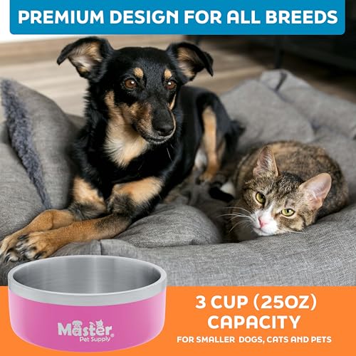 Master Pet Supply Stainless Steel Dog Bowls - 25 oz, Heavy Duty - Hyper Pink, Double Wall Extra-Thick Insulated, Non-Slip Pet Water Bowl for Dogs, Cats & Pets, Anti Rust Metal, Dish Washer Safe - color: Hyper Pink, size: 3 Cups (25 oz)