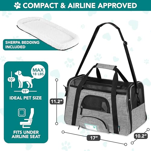 PetAmi Airline Approved Pet Carrier for Cats & Small Dogs, Soft Sided TSA Travel Carrier Bag Sherpa Bed, Breathable Mesh Ventilation, Collapsible Bowl, Fit Under Seat, Up to 18 lbs, Small Heather Gray - color: Heather Gray, size: Small - 17"L x 10.2"W x 1