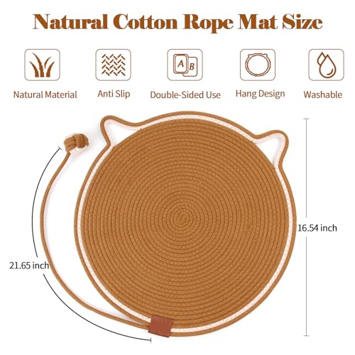 2-Pack Cat Scratching Mats, Natural Cotton Rope Scratch Pad with Ear Shape Hanging Hook and Play Ball, Furniture Protector for Wall, Floor, Sofa, Couch, Carpet, Brown