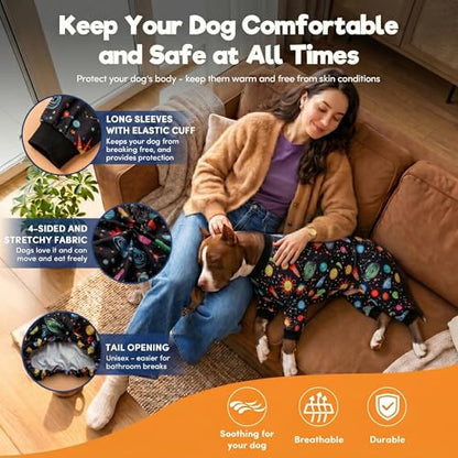 LovinPet Big Dogs Onesies: Big Dog Pajamas, Post Surgery/Wound Care, Lightweight Stretchy Fabric, Interstellar Black Print, Dog Jumpsuit, Anti Licking, Pet PJ's/XL - color: Black, size: X-Large