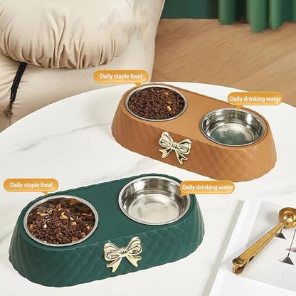Functional Double Dog Cats Bowls, Removable Dog Bowl Set, Cute Stainless Steel Bowl with Non-Spill Plastic Mat for Rabbit Puppy Cats Small Medium Dogs Water ＆ Food (Coffee) - color: Coffee