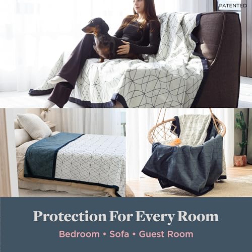 Waterproof Dog Blanket for Bed – 90x90 Inch King/Queen Size – Pet Hair Resistant Blanket for Small to Large Dogs – Washable, Leakproof, Reversible Bedspread for Bed Protection – Blue/White - size: 90"x 90"
