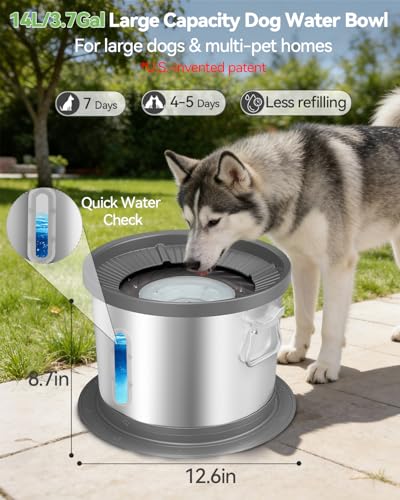 UPSKY 14L No Spill Dog Water Bowl, Stainless Steel Spill Proof Dog Bowl with Water Window, Dual-Suction Anti-Slip Large Capacity Slow Drinking Bowl with Floating Disk for Large Dogs & Messy Drinkers - color: Grey