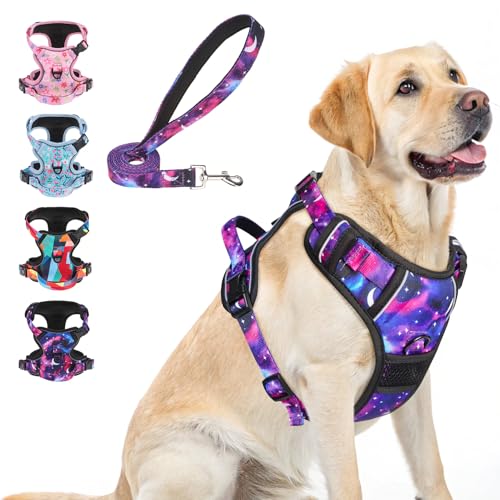 BEAUTYZOO No Pull Dog Harness and Leash Set for Large Dogs, Adjustable Dog Vest Harnesses with 2 Metal Leash Clips, Reflective Oxford No Choke Escape Proof Step in Pet Vest with Handle, Purple L - color: Starry Sky, size: L: chest 22"-33"
