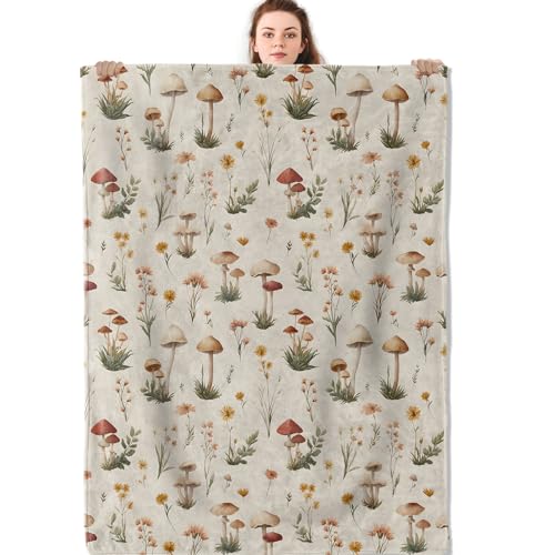 Mushroom Wildflower Blanket, Botanical Forest Flannel Throw Blankets, 40"x50", Soft Warm Lightweight Fuzzy Cozy Throws for Couch Bed Sofa Decorative Gifts for Nature Lover Women Kids, Beige - color: Mushroom 01, size: 40x50 inch