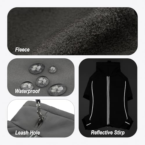 Four Leged Dog Winter Coat, Fullbody Warm Fleece Dog Jacket, Reflective Puppy Cold Weather Coats with Leash Hole & Drawstring, Back Zipper Water-Resistant Doggie Winter Clothes - color: Dark Grey, size: Medium