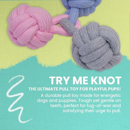 Snugarooz Try Me Knot Rope Dog Toy – Durable Three-Knot Pastel Design – Ideal for Active Chewers – Perfect for Tugging - Interactive Play and Dental Health - style: Try Me Knot