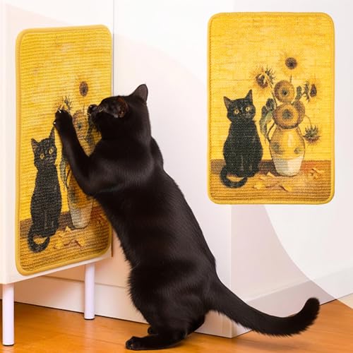 Sisal Cat Scratching Pad - Shedding-Resistant Wall Scratcher Mat for Indoor Cat, Kitten Art Print Sunflower Scratching Mats for Carpet Couch Furniture with Adhesive Hook Loop Tape(24*16in)