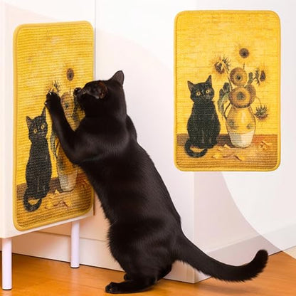 Sisal Cat Scratching Pad - Shedding-Resistant Wall Scratcher Mat for Indoor Cat, Kitten Art Print Sunflower Scratching Mats for Carpet Couch Furniture with Adhesive Hook Loop Tape(24*16in)