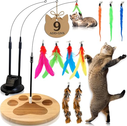 2 Cat Toy + 9 Feather Lures Interactive Cat Toys For Indoor Cats Interactive Kiteen Toys Enrichments For Boared Indoor Adult Cats Kittens Suction Cup Juguetes Para Gatos Teaser Feather Wand - color: Kitty Joy Bundle