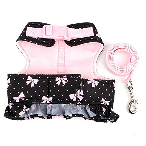 Zunea No Pull Small Dog Girl Harness Dress Escape Proof Cat Kitten Vest Harness Leash Set Step-in Soft Cotton Padded Polka Dot Jacket Chihuahua Puppy Clothes with Cute Bow for Walking Black M - color: black bows, size: M (Chest:16.9-17.7", Neck:10.6-11.4"