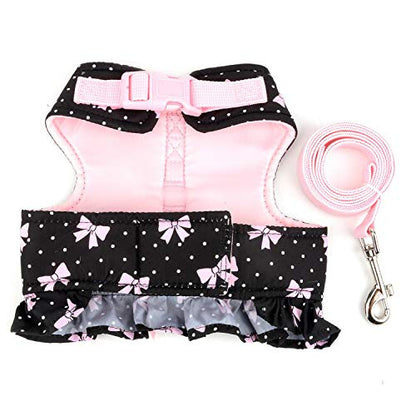 Zunea No Pull Small Dog Girl Harness Dress Escape Proof Cat Kitten Vest Harness Leash Set Step-in Soft Cotton Padded Polka Dot Jacket Chihuahua Puppy Clothes with Cute Bow for Walking Black S - color: black bows, size: S (Chest:14.5-15.7", Neck:9-9.8")