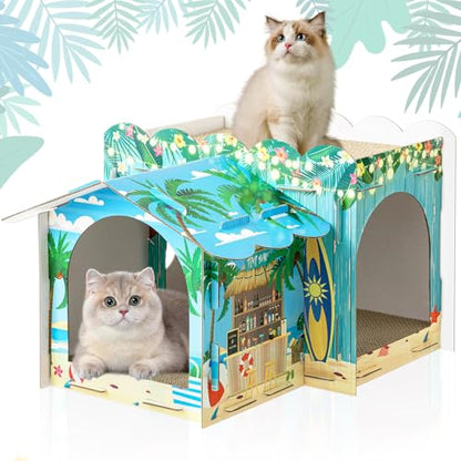 Lineshading 2 Story Cardboard Cat House with Scratcher Pad, Multi Level Durable Cat Scratcher House for Small Kitten Bunny Rabbit Animals Christmas Birthday Gift(17x12x10,Hawaii) - style: Hawaii