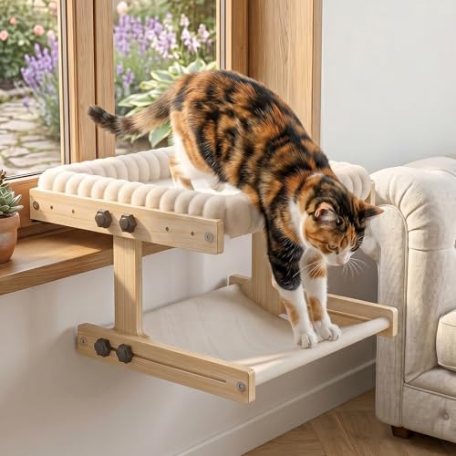 Cat Perch for Window XiaZ Cats Hammock Indoor Cat Bed for Window Adjustable Wooden Frame W/Soft Warm Plush-Lined Cushion Perfect for Bird Watching Sunbathing Space-Saving Easy Install Double Layer - size: Double Layer