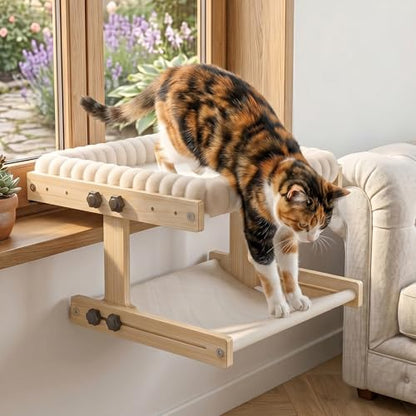 Cat Perch for Window Cats Hammock Indoor Bed for Window Adjustable Wooden Frame Bird Watching Sunbathing Space-Saving Double Layer 18 * 16 * 10inch (Small Breeds Recommended) - size: Double Layer
