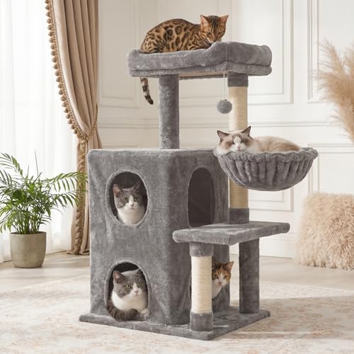 Fansafurn Modern Cat Tree with Scratching Posts, Cat Bed, Hammocks & Condos – Multi-Level Cat Tower for Playful Cats, 36" Modern Cat Tree Tower, Grey - color: Light Grey