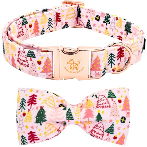 Elegant little tail Christmas Dog Collar, Christmas Tree Pet Collars Bow Pink Metal Buckle Collar Puppy Girl Boy Holiday Cotton Soft Bowtie Adjustable Dog Collar for X-Small Dogs - color: Pink Christmas Tree, size: X-Small (Pack of 1)